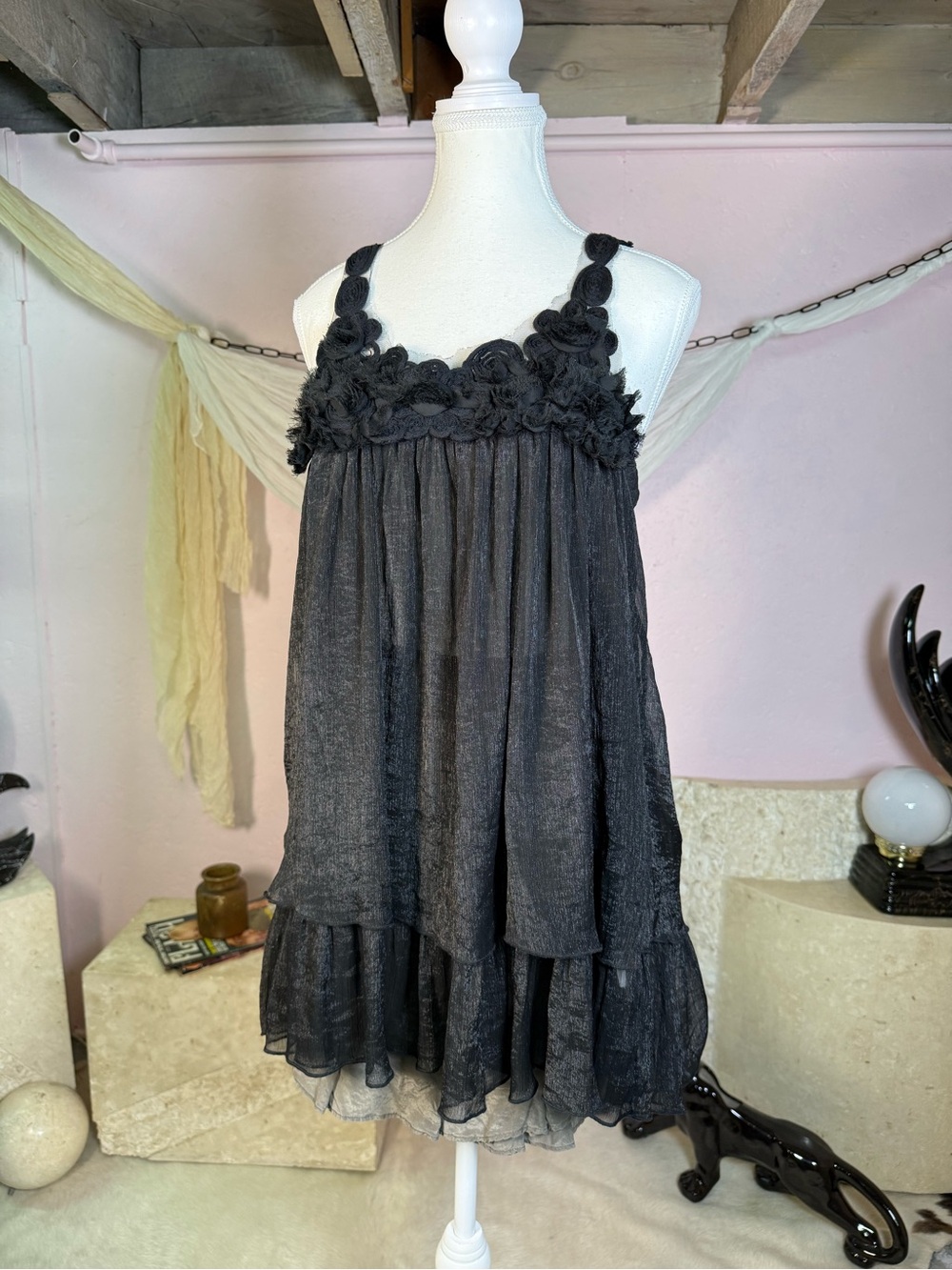Zokai Black Floral Rosette Ruffle Mini Dress XL/16 Y2K Fairy Grunge
